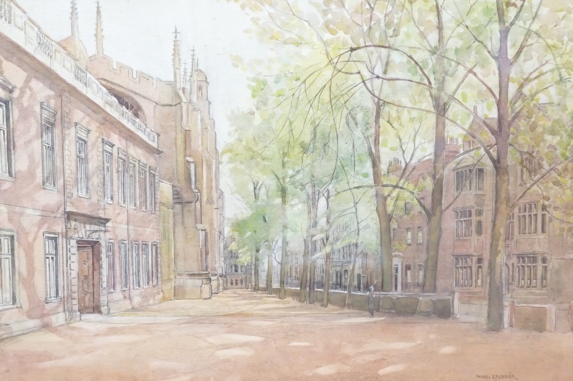 Mabel Annie Spurrier (fl.1920-1940) , watercolour, Cambridge street scene, signed, 30 x 44cm